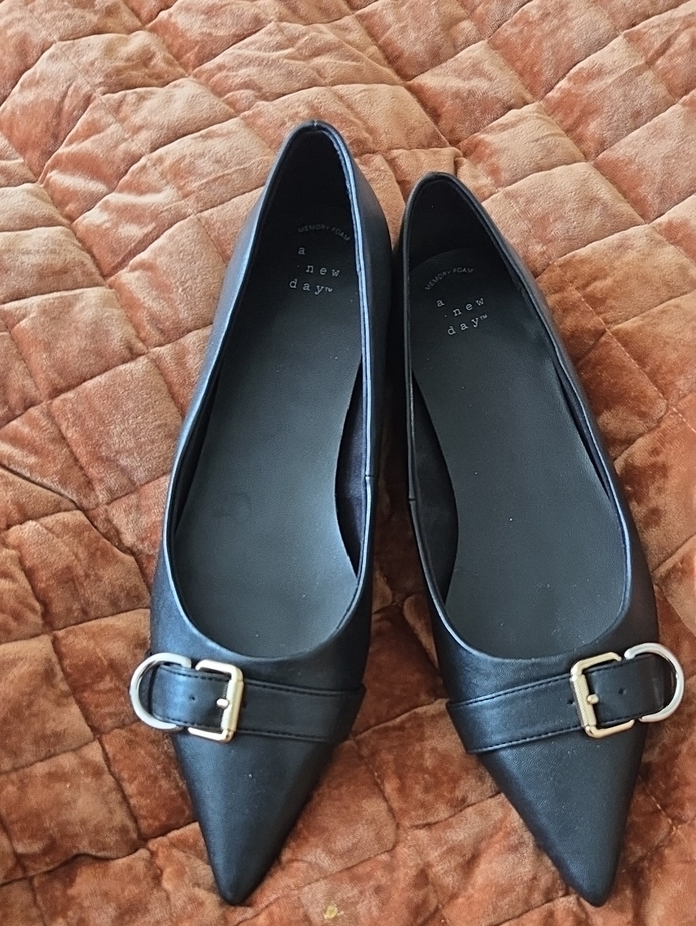 a new day Black Pointed Toe Flats with Gold And Silver Buckle